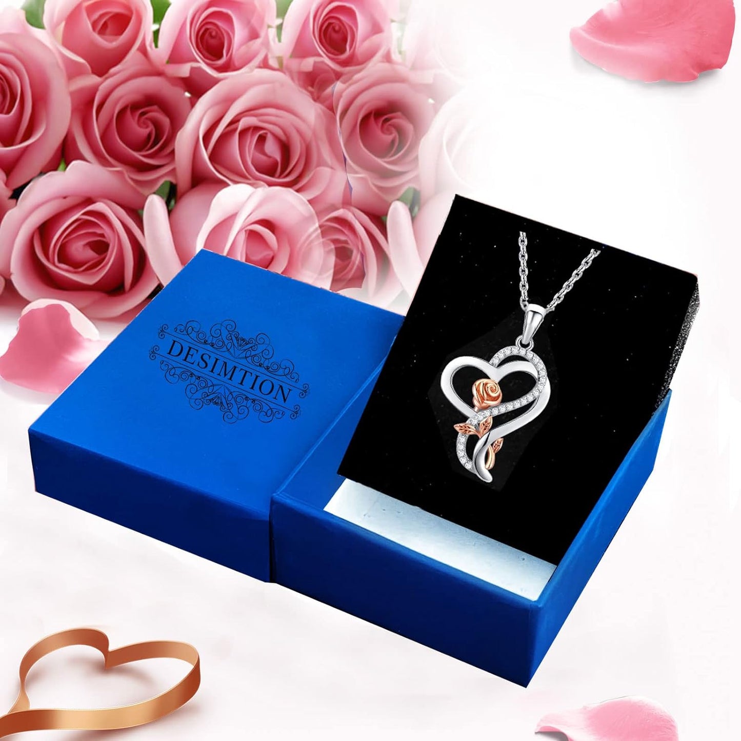 Mothers Day Gifts for Mom Sterling Silver Heart Rose Necklaces for Women,Birthday Jewelry Gifts for Her Girlfriend Wife Mom