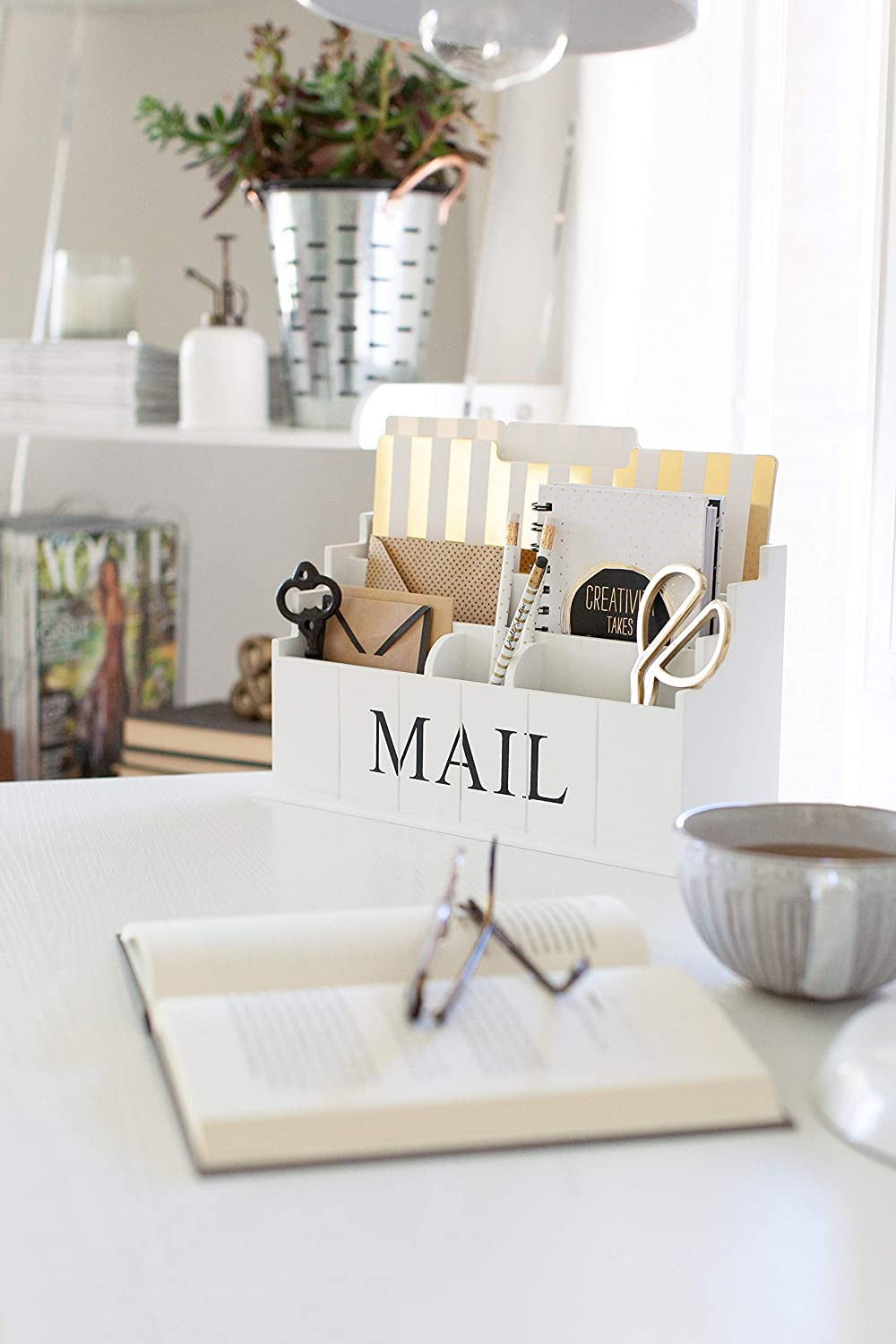 White Wooden Mail Organizer - 3 Tier White Desk Organizer - Rustic Country Mail Sorter - Kitchen Countertop Mail Holder