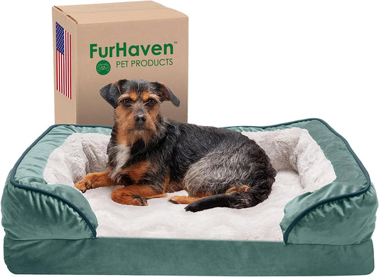 Memory Foam Dog Bed for Medium/Small Dogs W/ Removable Bolsters & Washable Cover, for Dogs up to 35 Lbs - Plush & Velvet Waves Perfect Comfort Sofa - Celadon Green, Medium